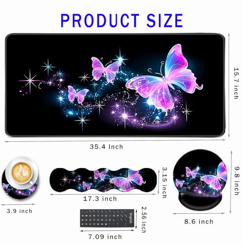 Mouse Pad,Large Pink Desk Mat, 4in1 XXL Mousepad + Keyboard Wrist Rest+Mouse Wrist Rest+Coaster Set with Ergonomic Desk Pad for Home Office Table Computer-Glowing Night Pink Butterflies - color: Glowing Night Pink Butterflies, size: 4 Pcs-XXL