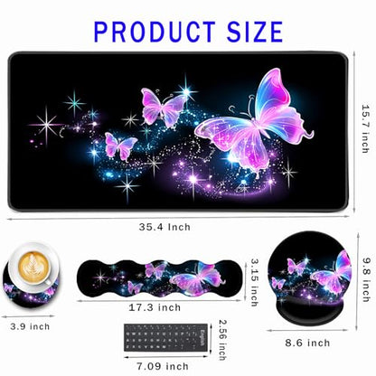 Mouse Pad,Large Pink Desk Mat, 4in1 XXL Mousepad + Keyboard Wrist Rest+Mouse Wrist Rest+Coaster Set with Ergonomic Desk Pad for Home Office Table Computer-Glowing Night Pink Butterflies - color: Glowing Night Pink Butterflies, size: 4 Pcs-XXL
