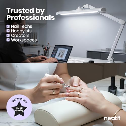 Neatfi Ultra 3,500 Lumens LED Desk Lamp with Clamp – 45W, 270 SMD LEDs, Shadow-Free | Adjustable Brightness | Task Light for Nail Tech, Crafts, Reading, Office & Workbench (White, 26-Inch Wide Shade) - color: White
