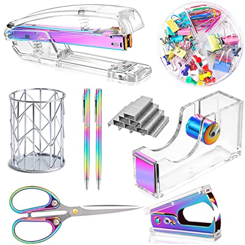 Famassi Dream Color Acrylic Stapler and Tape Dispenser Set, Office Supplies with Tape Dispenser, Stapler Remover, 2 Ballpoint Pen, Scissor, Binder Clips, Paper Clips and 1000pcs Staples - color: Multicolor
