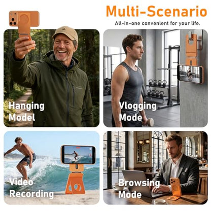 IST IDEA for Magsafe Tripod, Tripod for iPhone Lightweight Aluminum Alloy & Angle Adjustment & Strong Magnets iPhone Tripod Stand Compatible with 17/16/15/14/13/12 (Included Metal Ring) - color: Orange