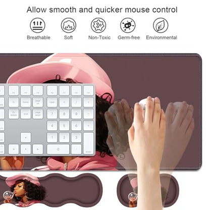 4 in 1 Ergonomic Keyboard Wrist Rest & Mouse Pad Wrist Rest Set, Large XXL Gaming Desk Mat 31.5"x 11.8" with Non-Slip Base, Memory Foam for Home Office Study Gaming, African American Black Girl - color: African American Black Girl
