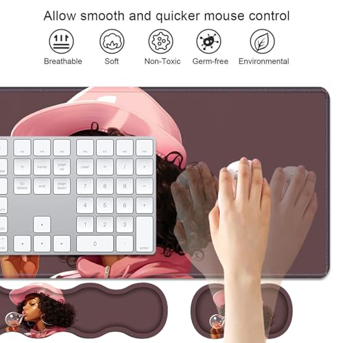 4 in 1 Ergonomic Keyboard Wrist Rest & Mouse Pad Wrist Rest Set, Large XXL Gaming Desk Mat 31.5"x 11.8" with Non-Slip Base, Memory Foam for Home Office Study Gaming, African American Black Girl - color: African American Black Girl