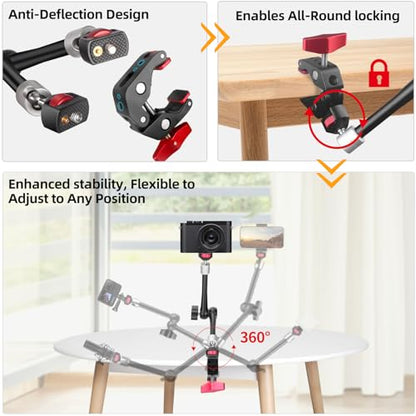 HEMMOTOP 11in Magic Arm Camera Mount Clamp, Max. Payload 5.5 LBS Articulating Arm with Anti-Twist Pins, Rotatable Pads, Adjustable Friction Arm for Monitor, LED Light, Camera Video Rig MS02 - size: 11 in