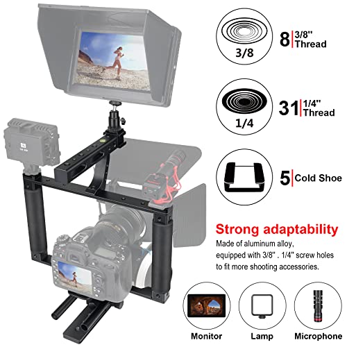 Universal Aluminum Alloy DSLR Mirrorless Camera Camcorder Stabilizer Extension Cage Mount for Mic Monitor Light, Movie Making Rig YouTube Tiktok Vlogging Video Kit w/Phone Holder for Canon Sony Nikon