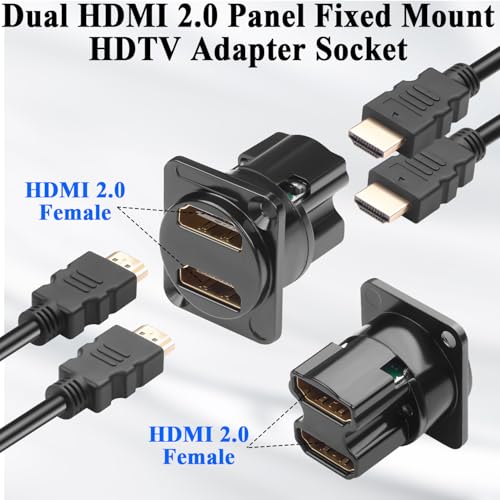 QIANRENON Dual HDMI 2.0 Panel Mount HD Display Adapter 4K HDMI 2.0 Female to Female Fixed Mount HDTV Connector 2 Port HDMI Feedthrough Bulkhead Mount Socket, for TV Projector Multimedia Display