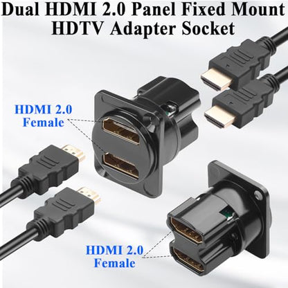 QIANRENON Dual HDMI 2.0 Panel Mount HD Display Adapter 4K HDMI 2.0 Female to Female Fixed Mount HDTV Connector 2 Port HDMI Feedthrough Bulkhead Mount Socket, for TV Projector Multimedia Display