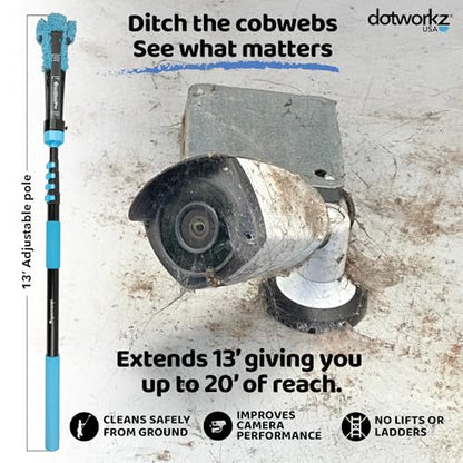 DomeWizard™ Compact Security Camera Cleaning Kit with Pole – Streak-Free Lens Cleaner for Dome, PTZ, Mini Dome & Bullet Cameras – Reusable Microfiber Mitt + 8oz Cleaning Solution - size: 13' Cleaning Kit