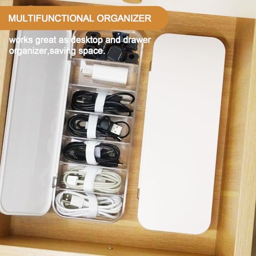 Cable Organizer Box with 7 Wire Ties and 6 Magnetic Cable Clips, Desktop Cord Management Box with Dividers and Lid for Home Office Storage – White - size: 1-Pack
