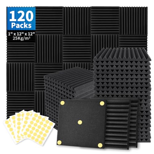 Focusound 120 Pack Acoustic Foam Panels 1" x 12" x 12" Sound Proof Foam Panels Soundproofing Noise Cancelling Wedge Panels for Home Office Recoding Studio with 600 PCS Double-Side Adhesive - size: 120 Pack