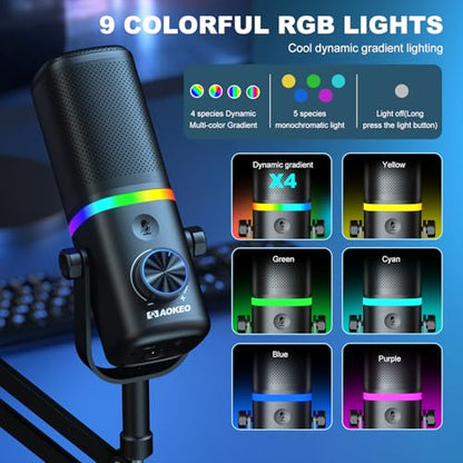 Aokeo AK-10 USB Gaming Microphone Wtih AK-35 Arm, Condenser Microphone for PC/MAC/PS4/PS5/Phone-Cardioid Mic with RGB Lighting - color: Metallic