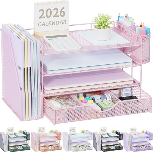 gianotter Desk Organizers and Accessories with File Holder, 4-Tier Desk Accessories & Workspace Organizers with Drawer and 2 Pen Holder, Paper Organizer for Office Supplies (Pink) - color: Pink