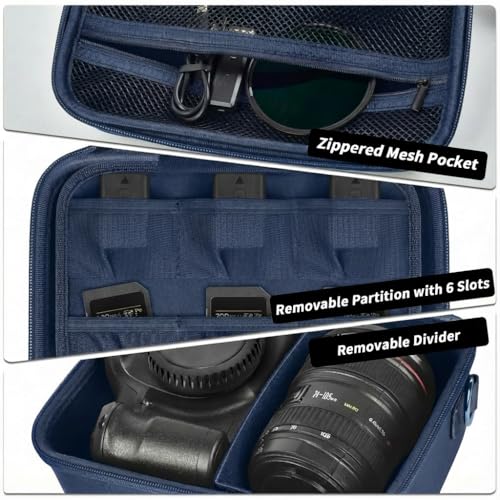 Comecase Hard Camera Case for Canon R50/R100/T7, for Sony A6400/ZV-E10 | Small Camera Bag with Hard EVA Shell, Adjustable Dividers, 6 Battery/SD Organizer Slots and Shoulder Strap, Dark Blue - color: Dark Blue