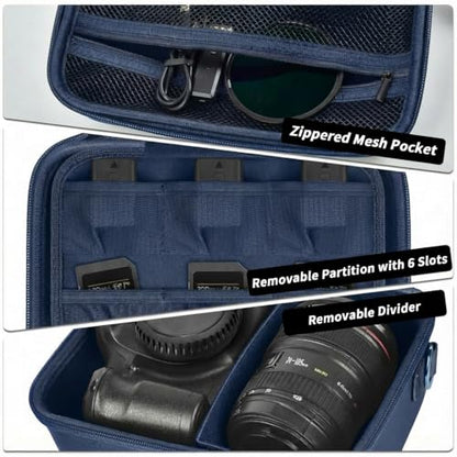 Comecase Hard Camera Case for Canon R50/R100/T7, for Sony A6400/ZV-E10 | Small Camera Bag with Hard EVA Shell, Adjustable Dividers, 6 Battery/SD Organizer Slots and Shoulder Strap, Dark Blue - color: Dark Blue