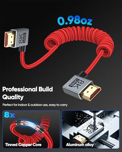 8K Short Coiled HDMI Cable, Right Angle 90 Degree HDMI 2.1 Camera Cable, 48Gbps 4K@240fps 8K@60fps HDR eARC VRR for for Sony FX30/A7S III, Canon C70, BMPCC 4K/6K, Atomos Ninja V SmallHD Monitor