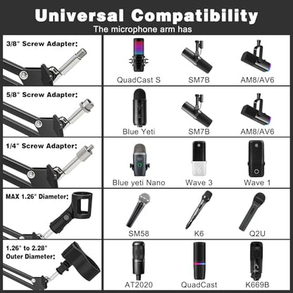 Microphone Boom Arm, Professional Desk Mic Stand with 1/4", 3/8", 5/8" Adapters, Heavy-Duty Clamp, Wide Compatibility for Yeti, AT2020, Podcasting, Streaming & Recording