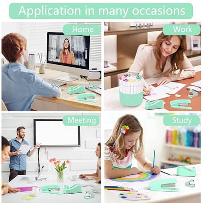 Dimonluce Green Office Supplies, Teal Desk Accessories Accessories with Tape Dispenser, Stapler, Staple Remover, 1000 Staples, Tape, Clips Set, Ruler, Scissor, Pen - color: Green