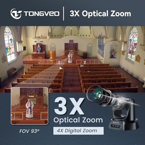 TONGVEO Wireless AI PTZ Camera with Auto-Tracking: Built-in 5.8GHz Receiver for Cable-Free Setup, 1080P 60fps 3X Zoom Conference Camera for Church Services, Online Classes & Hybrid Meetings - color: Coal