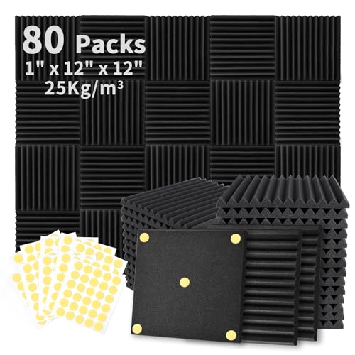 Focusound 80 Pack Acoustic Foam Panels 1" x 12" x 12" Sound Proof Foam Panles Soundproofing Noise Cancelling Wedge Panels for Home Office Recoding Studio with 420PCS Double-Side Adhesive - size: 80 Pack