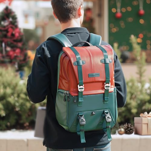 K&F CONCEPT 20L Camera Case for Photographers Large Capacity PU Leather Camera Bags with Raincover, 15.6 Inch Laptop Compartment for Camera Drone Bags - color: 06-orange Green