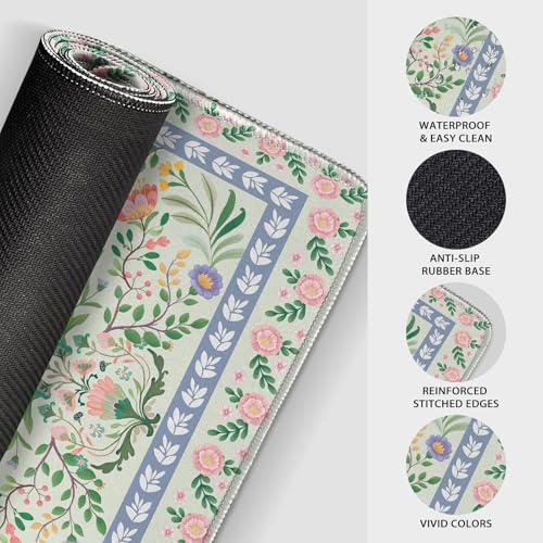Green Floral Desk Mat, 31.5"x15.7" Large Mouse Pad, Anti-Slip Rubber Base Keyboard Pad with Stitched Edges, Water-Resistant Smooth Desk Blotter, Computer Mat for Home Office Desk - color: Green Floral