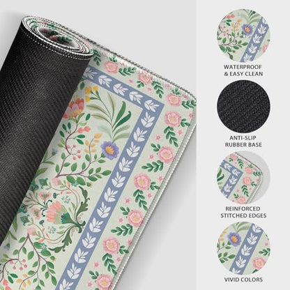 Green Floral Desk Mat, 31.5"x15.7" Large Mouse Pad, Anti-Slip Rubber Base Keyboard Pad with Stitched Edges, Water-Resistant Smooth Desk Blotter, Computer Mat for Home Office Desk - color: Green Floral