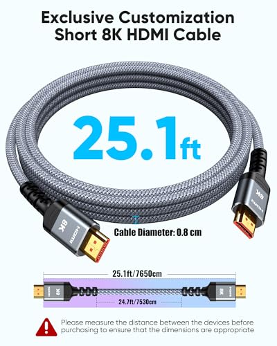 Highwings Long 8K HDMI Cable 25FT 48Gbps, 2.1 High Speed Gaming Cord 4K@120Hz 8K@60Hz RTX 3090 eARC 3D Compatible for PS5, UHD TV and Blu-ray Player - size: 25 feet