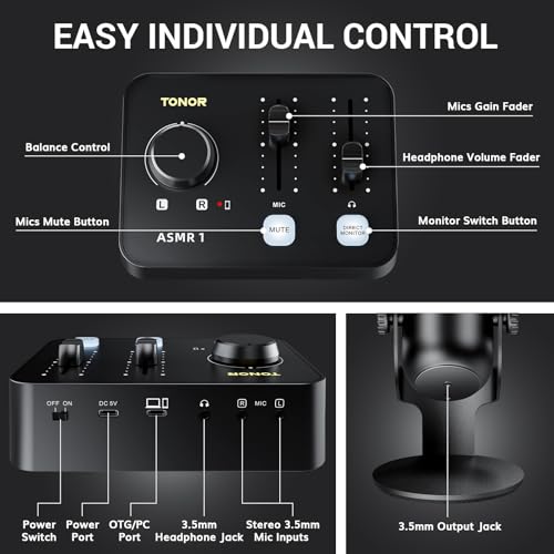 TONOR ASMR Microphone Equipment Bundle with Audio Interface, Immersive 3D Stereo Audio, Dual Condenser Mics with Audio Mixer, Clear Sound, Volume Control, with Furry Windscreens, Set for ASMR, Black - color: Black