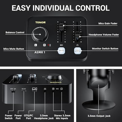 TONOR ASMR Microphone Equipment Bundle with Audio Interface, Immersive 3D Stereo Audio, Dual Condenser Mics with Audio Mixer, Clear Sound, Volume Control, with Furry Windscreens, Set for ASMR, Black - color: Black