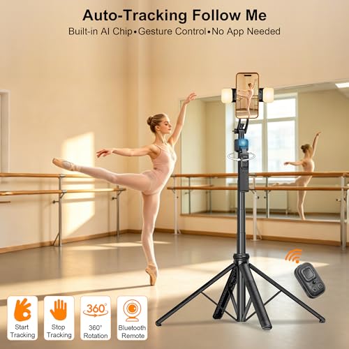 63" Phone Tripod with Auto Face Tracking, 360° Rotation Selfie Stick Tripod for iPhone & Action Camera, Detachable Phone Holder & Wireless Remote, Portable Tripod for Video Recording/Vlogging/Live - size: Tripod with 2 Mini Square Lights