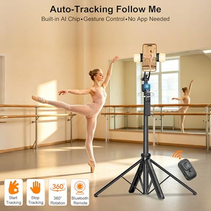 63" Phone Tripod with Auto Face Tracking, 360° Rotation Selfie Stick Tripod for iPhone & Action Camera, Detachable Phone Holder & Wireless Remote, Portable Tripod for Video Recording/Vlogging/Live - size: Tripod with 2 Mini Square Lights