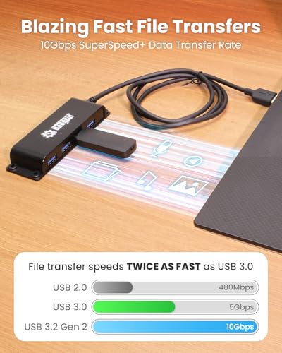 USBGear 4-Port USB 3.2 Gen 2 Hub – 10Gbps USB-A Expansion w/Integrated Cable & Flexible Mounting - style: USB Type A Upstream