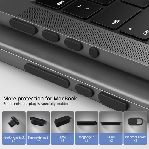 CaseBuy MacBook Pro Accessories, 14 Pack Dust Plug Covers for 2026-2021 MacBook Pro 14/16 inch M5 M4 M3 M2 M1 Pro/Max, Dust Plug for HDMI, Thunderbolt, SDXC, Magsafe, Headphone & 2PCS Webcam Cover - size: 14 Pack