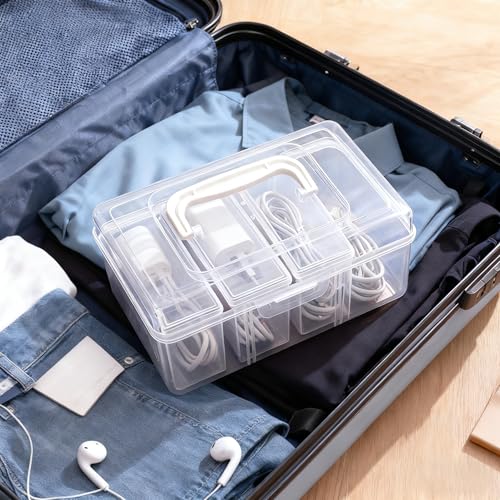 RayHenry Cable Organizer Box with Lid & Handle, Desktop Cord Management Storage with 3 Clear Switch Cases for Chargers, Cables, Jewelry, Hair Ties