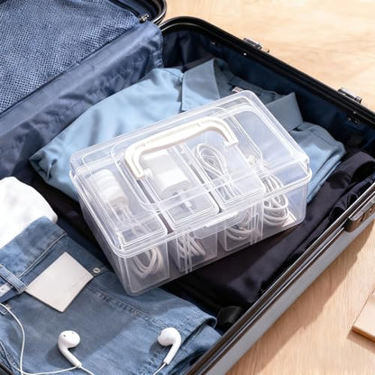 RayHenry Cable Organizer Box with Lid & Handle, Desktop Cord Management Storage with 3 Clear Switch Cases for Chargers, Cables, Jewelry, Hair Ties