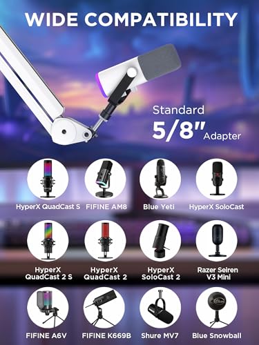 InnoGear Mic Boom Arm Microphone Stand Cable Management for Blue Yeti FIFINE AM8 K669B HyperX QuadCast S SoloCast AT2020 and Other Microphone, White - color: White, style: Standard Clamp