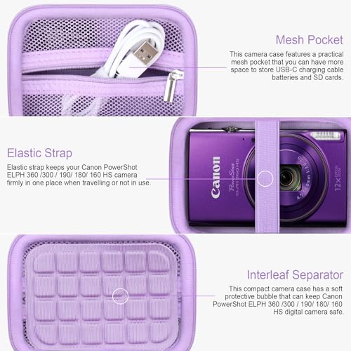 RAIALL Carrying Case for Canon PowerShot ELPH 360 HS A/IXY 650/ Canon IXUS 285 HS/Sony DSCW830/ CAMKORY/VAHOIALD Digital Camera, Vlogging Camera Travel Bag, Mesh Pocket for Batteries, Purple - color: Purple