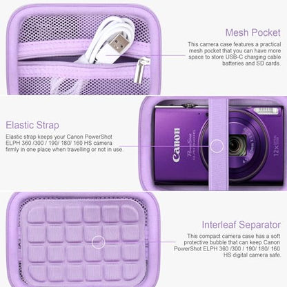 RAIALL Carrying Case for Canon PowerShot ELPH 360 HS A/IXY 650/ Canon IXUS 285 HS/Sony DSCW830/ CAMKORY/VAHOIALD Digital Camera, Vlogging Camera Travel Bag, Mesh Pocket for Batteries, Purple - color: Purple