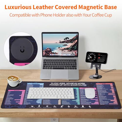 Magnetic Wireless Charging,Excel Cheat Sheet Mouse Pad with Phone Stand Extended Excel Shortcuts Desk Pad, Waterproof Ultra-Smooth Keyboard Mat, Non-Slip Base (Not Included Adapter 9V 2A)