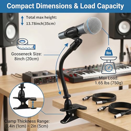 ROCKFREE Microphone Stand with 360° Rotating Base,Heavy-Duty Desk Clamp,8" Flexible Gooseneck Mic Mount,Includes 1/4" to 3/8" & 5/8" Metal Adapters for Shure,Fifine,HyperX,AT2020,Blue Snowball,Razer