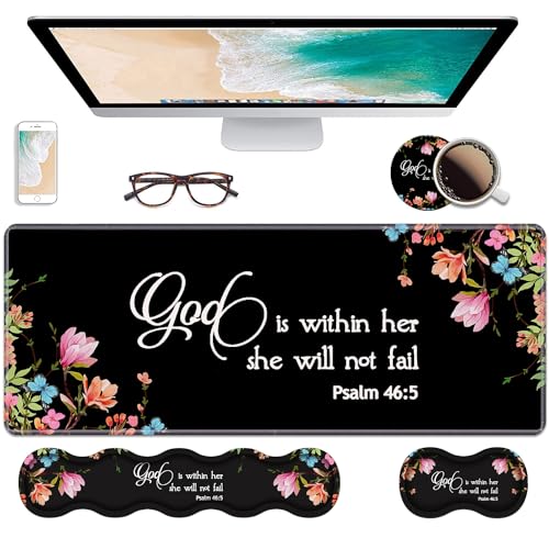 Ergonomic Keyboard Wrist Rest & Mouse Pad Wrist Rest Set,Large Gaming Desk Mat 31.5"x 11.8" with Non-Slip Base,Memory Foam,Easy Typing Pain Relief for Home & Office,Floral Quote Bible Verse Psalm 46:5 - color: Floral Quote Bible Verse Psalm 46:5