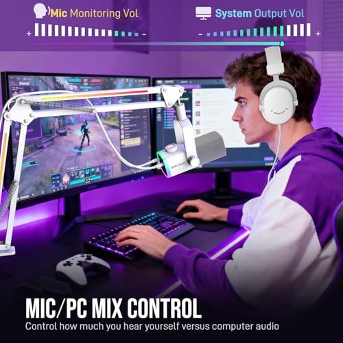 FIFINE Streaming Microphone Kit for Gaming, XLR/USB Dynamic Mic with RGB Boom Arm Stand for Podcast Vocal, PC Microphone with Mute Tap, 3-in-1 Volume Knob, Audio Balance-AmpliGame AM8PROT White - color: White