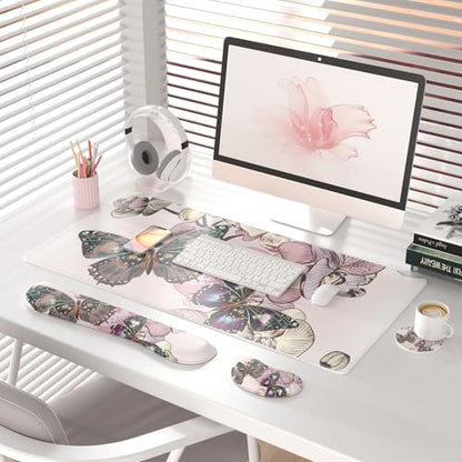 QIYI Leather Desk Mat Set, 4-in-1 Large Mouse Pad with Ergonomic Wrist Rest, Waterproof Desk Pad + Keyboard Wrist Rest + Mouse Wrist Support + Coaster, Non-Slip Office Gaming Accessories, Butterflies - color: Floral Butterflies