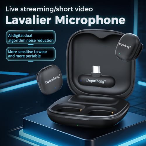 Depusheng V2 Wireless lavalier Microphone for iPhone, iPad and Android with Charging case, 8 Hours of Battery Life, Clip-on Microphone for Video Recording, vlogging, interviews，3 Noise Reduction