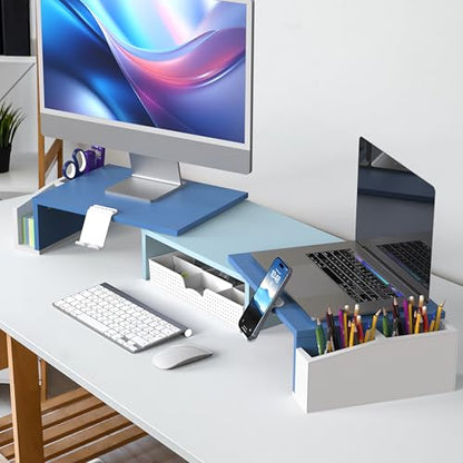Simple Houseware Desk Dual Monitor Stand Riser with Drawer, Blue - color: Blue