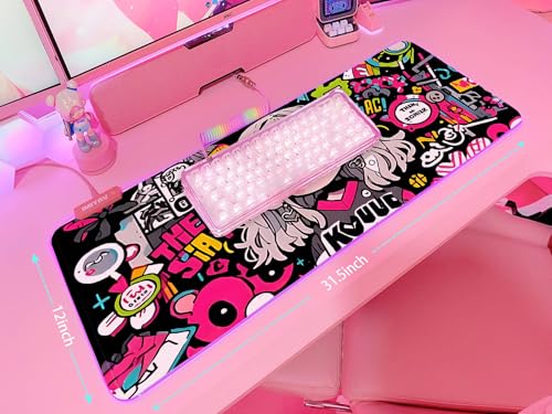 JMIYAV Pink RGB Gaming Mouse Pad 31.5x12 Inch PC XL Large Extended Glowing Led Light Up Desk Pad Non-Slip Rubber Base Computer Cute Mousepad Mat Desk Accessories Gaming Setup 371 - color: Pink Static