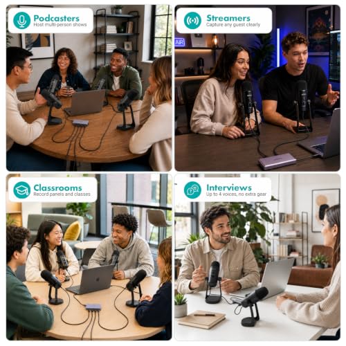 Movo 4-Person USB Podcast Equipment Bundle – 4 Condenser Mics, Hub & Case | Built-in Headphone Monitoring. Plug-and-play with Zoom, OBS & Audacity on Mac/Windows. Ideal for interviews & streaming. - style: with 4 Mics (Black)