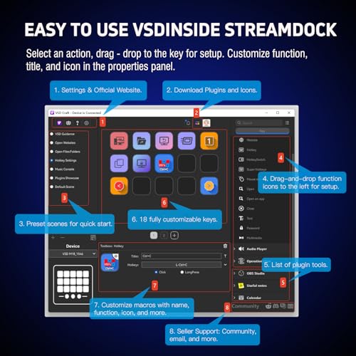 VSDINSIDE Macro Keypad, Stream Controller Deck Gaming Streaming Shortcut Keyboard, 18 Programmable Keys Customizable Visual AI Pad USB Soundboard for OBS, YouTube, Desk Office Setup, Laptop, PC, Mac - size: ST