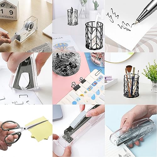 Office Desk Accessories，Office Supplies Set Acrylic Stapler Set Staple Remover, Tape Holder, Pen Holder, 2 Ballpoint Pen, Scissor, Binder Clips, Paper Clips and 1000pcs Staples(Black) - color: Black