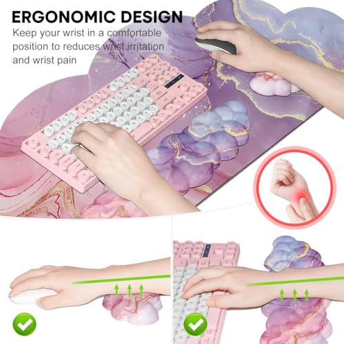 JIKIOU Ergonomic Keyboard Wrist Rest &Large Mouse Pad&Mouse Wrist & Cup Pad | Cute Cloud Shape, 4 in 1 Memory Foam Desk Mat, Ultra-smooth Surface, Savior of Wrist Pain, Anti-slip Rubber Base, Waterproof - color: 07Marble Pink